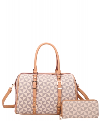 2 in 1 Two-Tone Checkered Duffel Bag Wallet Set 007-8408W TAUPE